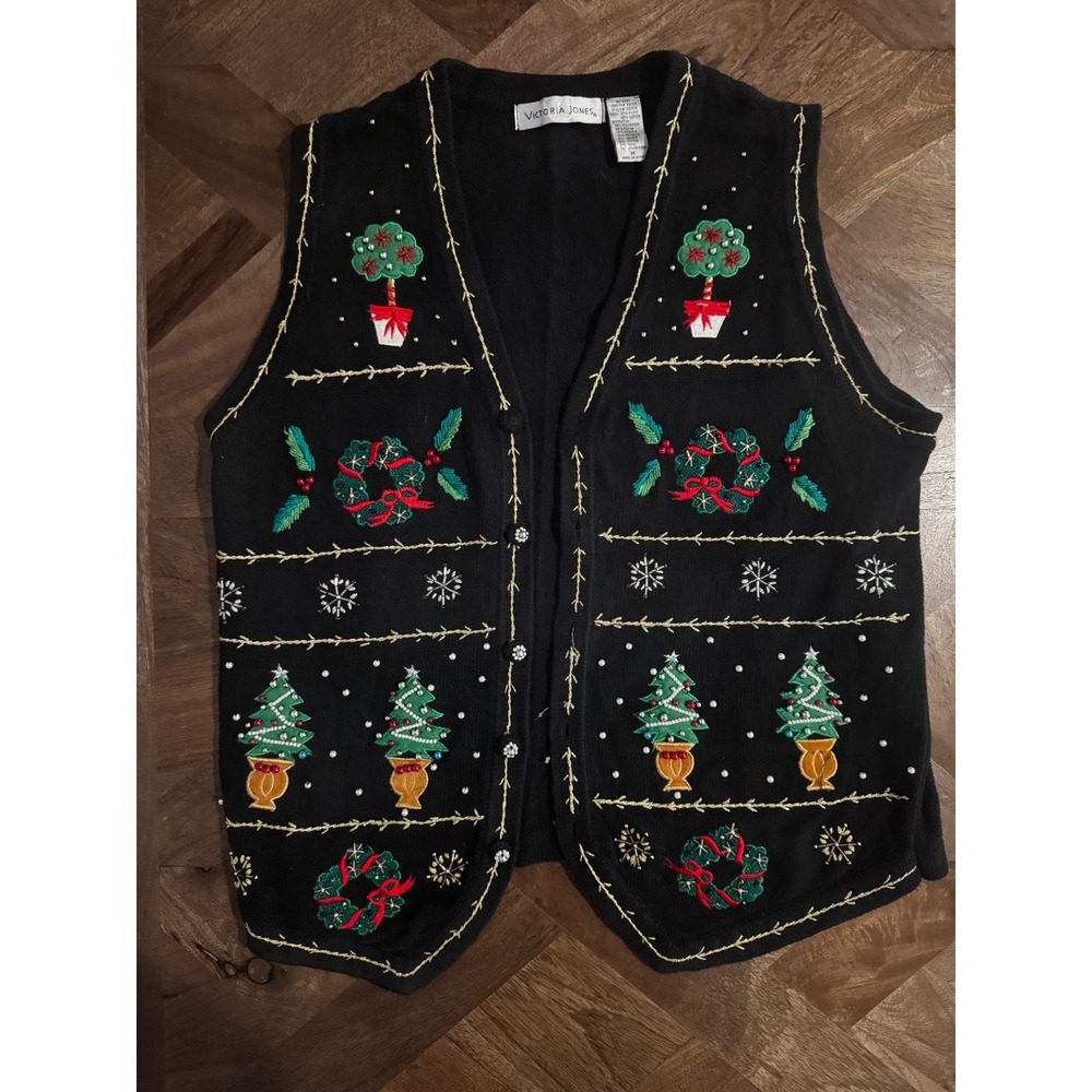 VTG Victoria Jones Beaded Christmas Tree Wreath Holiday Embroidered Vest Medium